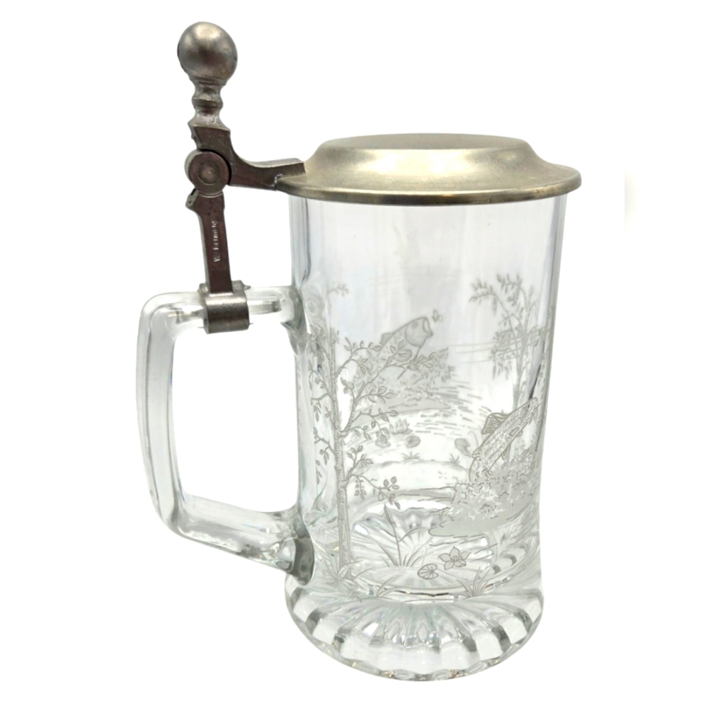 Vintage Alwe Germany Lidded Beer Stein Etched Fish Flys Trees Lily Pads Glass